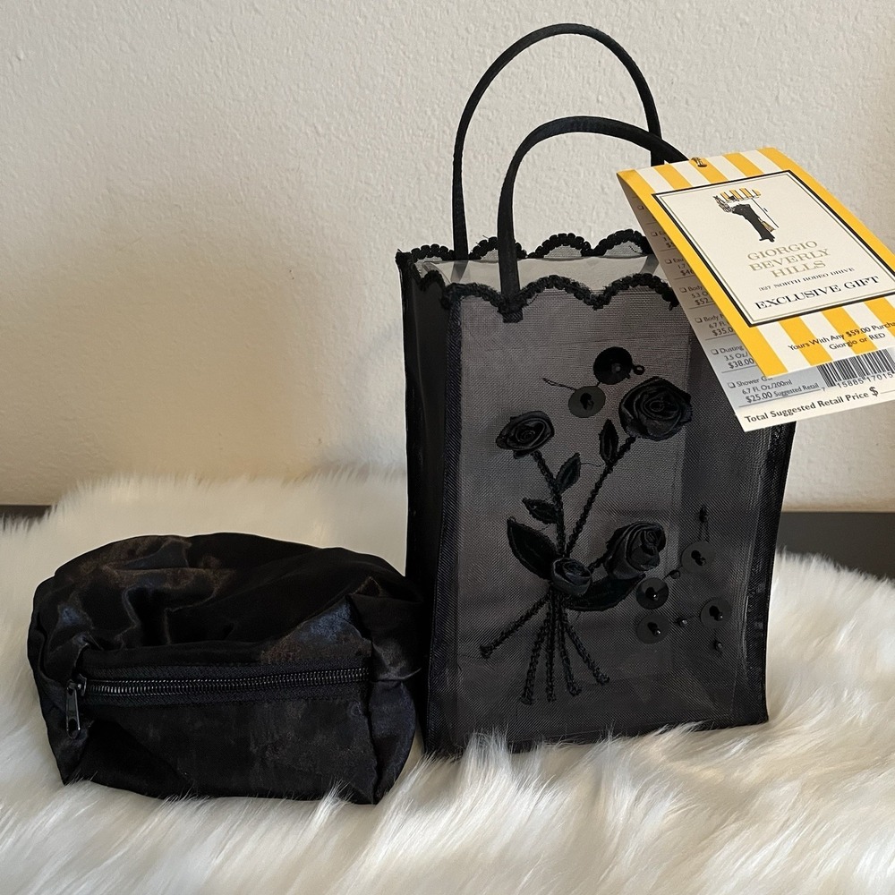 VTG Giorgio Beverly Hills Embroidered Promo Bag Set Black Sheer Mesh 80s Luxury